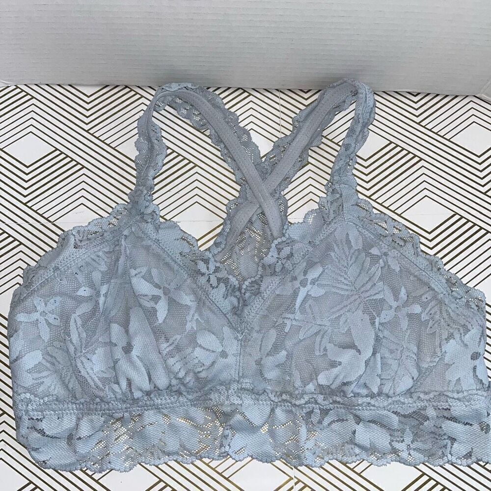 Aerie Womens Bralette Sz XL Blue Floral Lace Crossback Pullover Non-Wire